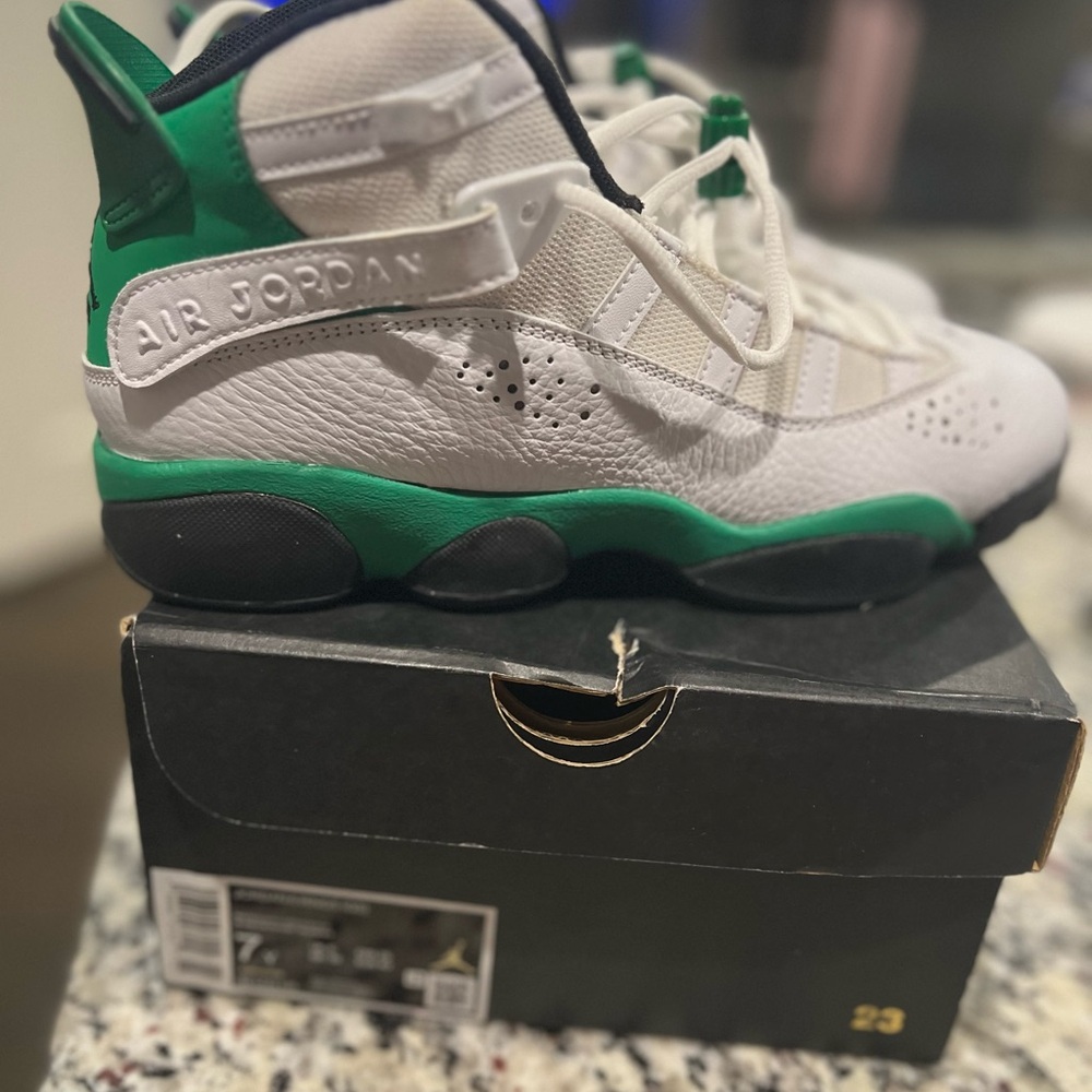 Kids Jordan White and Green Sneakers
